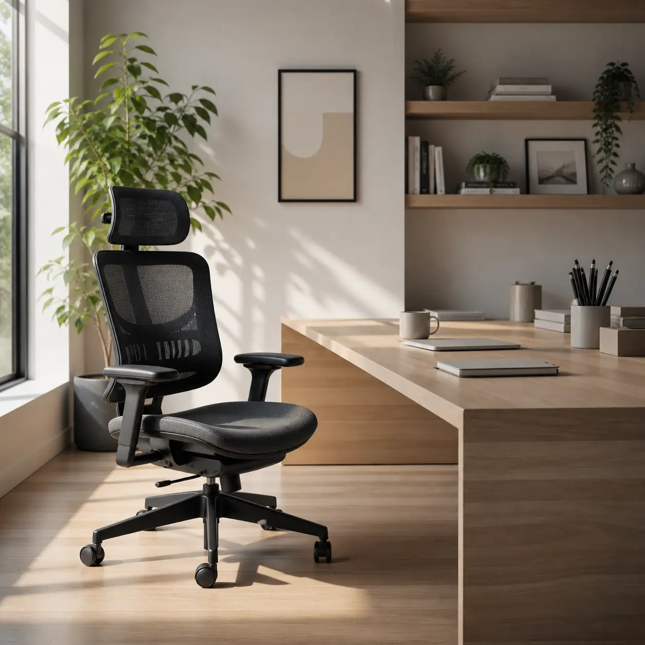 Calm workspace with ergonomic seating